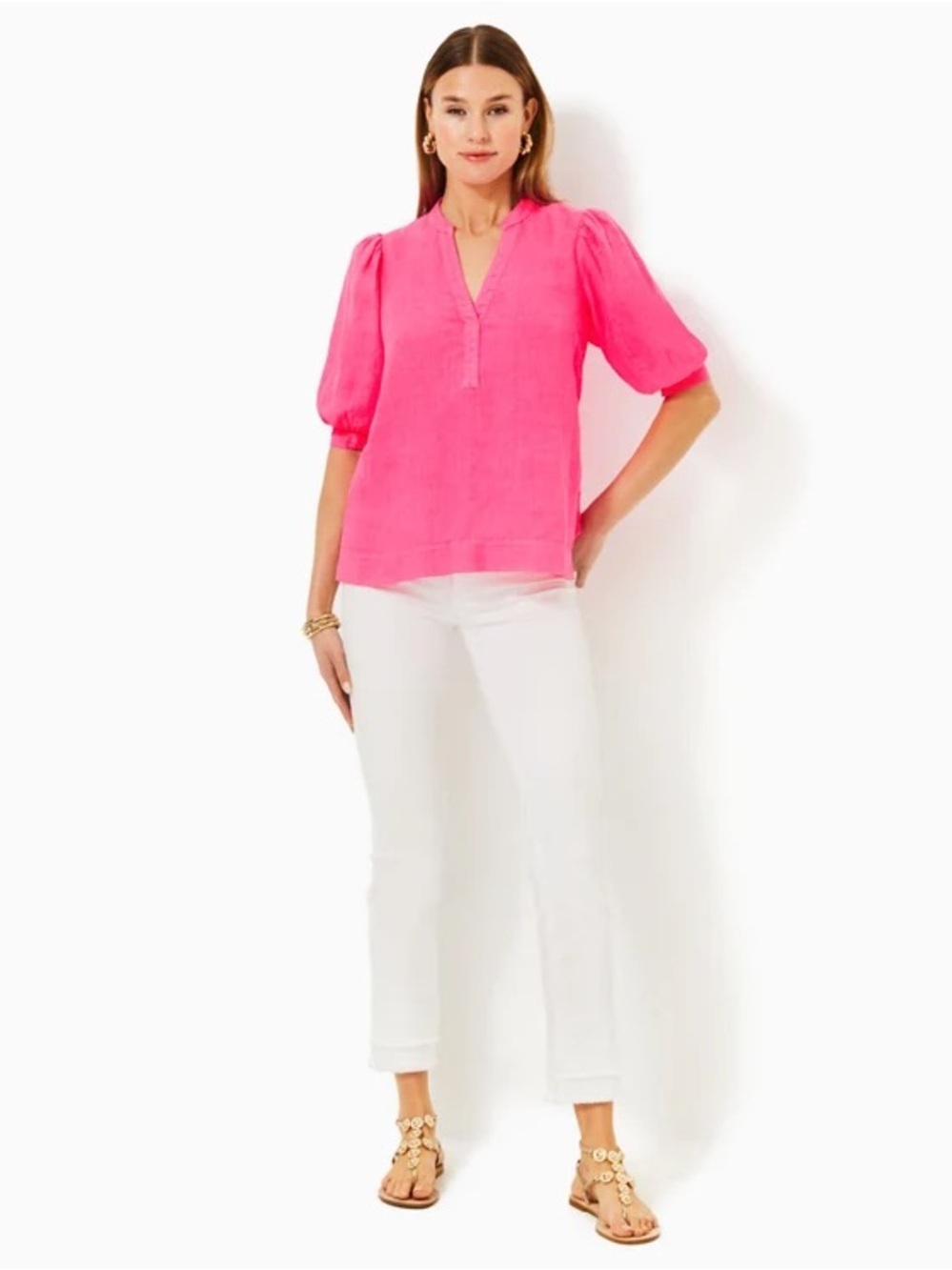 Lily Pulitzer Mialeigh Elbow Sleeve Linen Top - Bright Pink